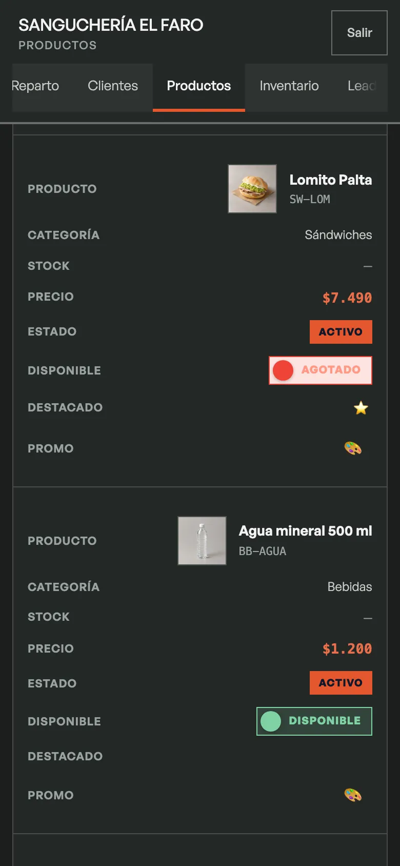Panel en el teléfono, sección Productos: un lomito con su foto, categoría, precio de $7.490 y el interruptor en Agotado; debajo, un agua mineral disponible