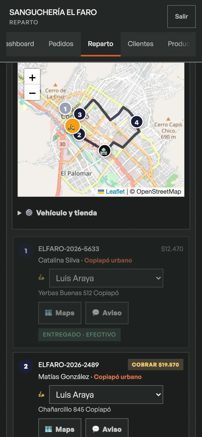 Panel en el teléfono: mapa con la ruta numerada del día y, debajo, cada parada con su repartidor asignado y los botones Maps y Aviso